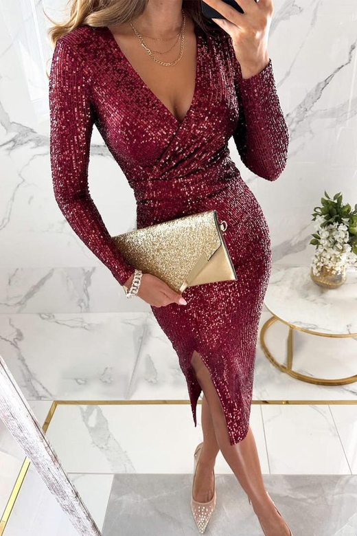 Sexy Solid Sequins Slit V-Neck A-Line Dresses