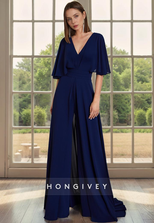 A-Line V-Neck Half Sleeves Side Slit Mother-of-the-Bride Dress