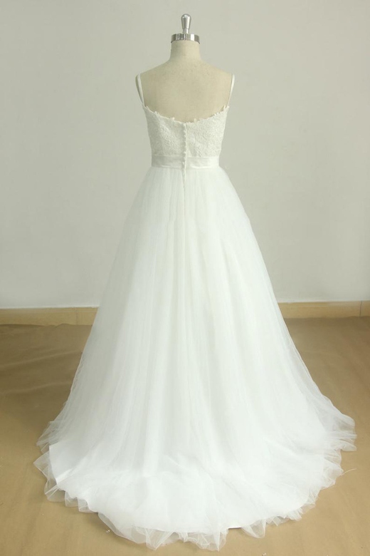 Chic Spaghetti Straps V-Neck Wedding Dress, White Tulle with Appliques