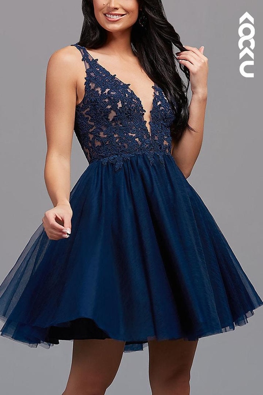 Low V-Neck Appliqued Sheer Tulle A-Line Mini Homecoming Gown