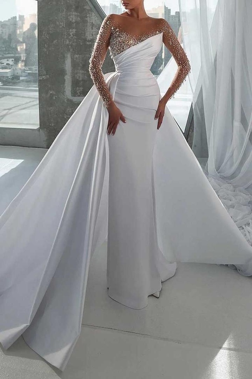 V-Neck Long Sleeves Beaded Ruched Satin Sheath Gown