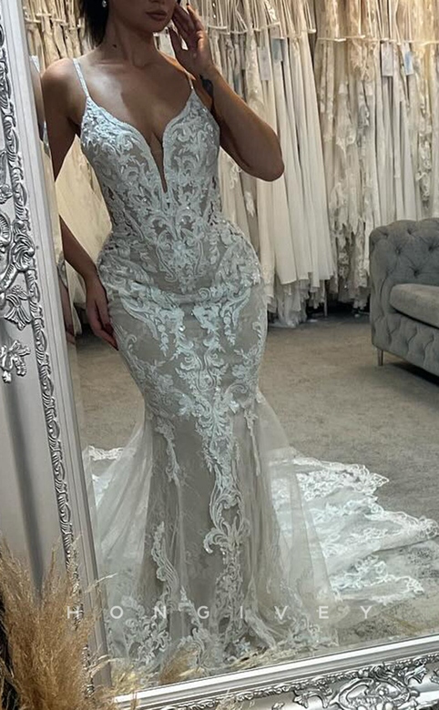 Lace V-Neck Spaghetti Straps Fully Appliques Trumpet Wedding Dress