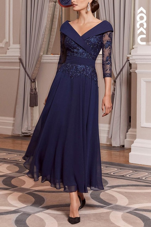 Couture Ornate V-Neck Long Sleeves Appliques Dress