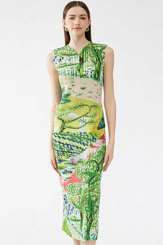 Classy Green V-Neck Landscape Print Sleeveless Pleated Midi Dress