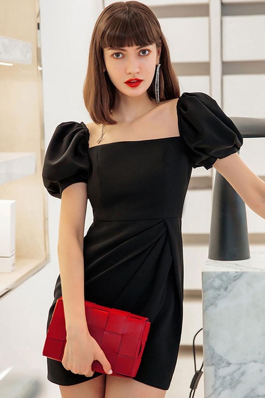 Silky Satin Black Square Neck Puff Sleeve Pleated Trim Party Mini Dress