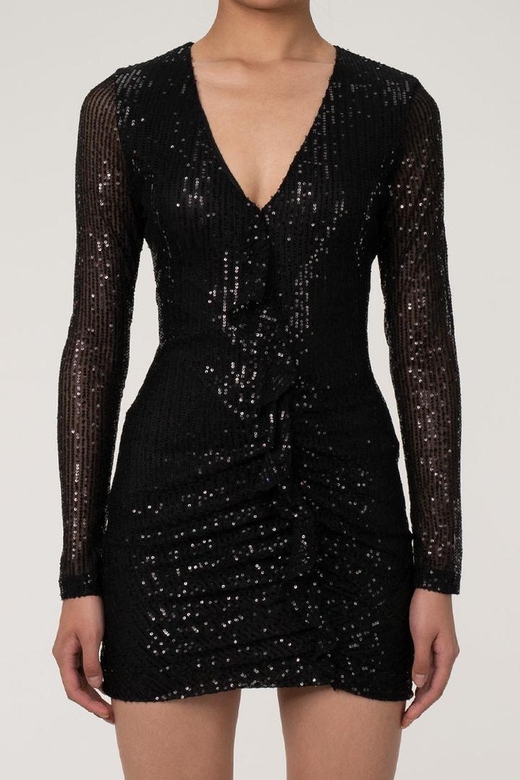 Sparkly Black Galaxy Long Sleeve Ruffle Deep V Sequin Mini Dress