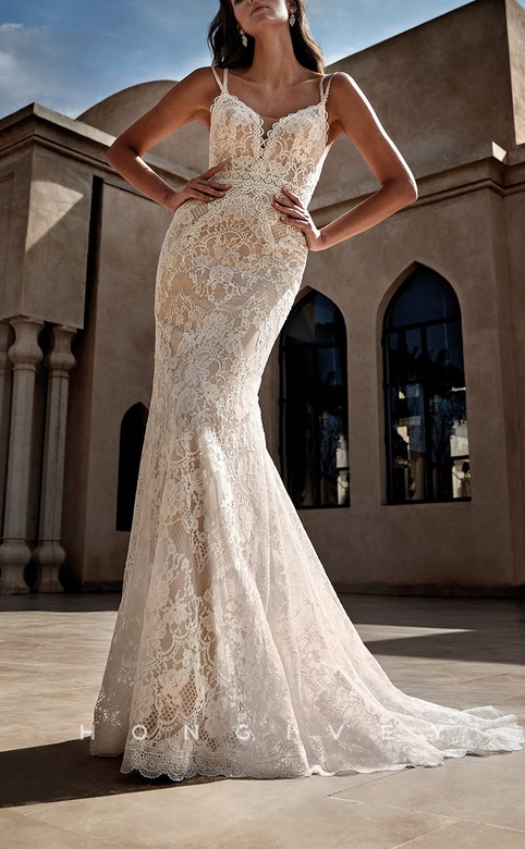 Trumpet Lace V-Neck Dress with Empire Appliques