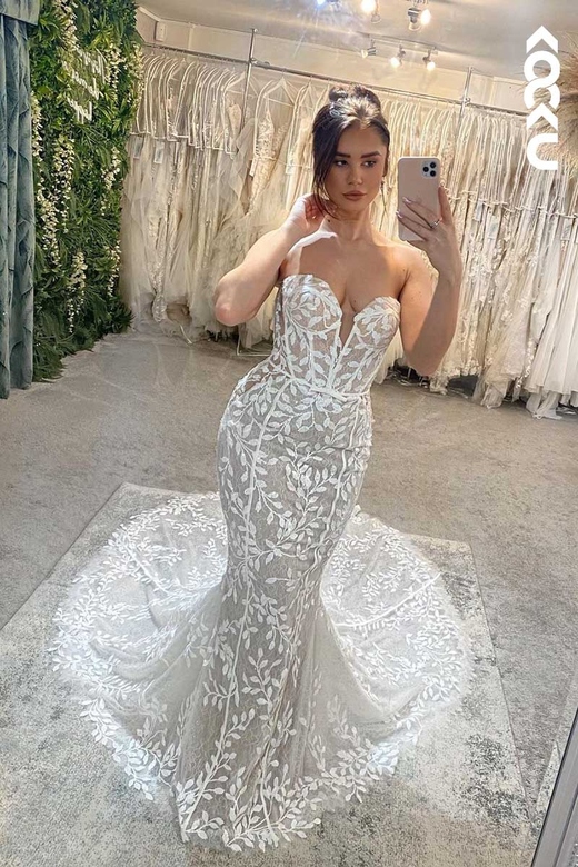 Deep V-Neck Strapless Lace Sheer Mermaid Wedding Gown