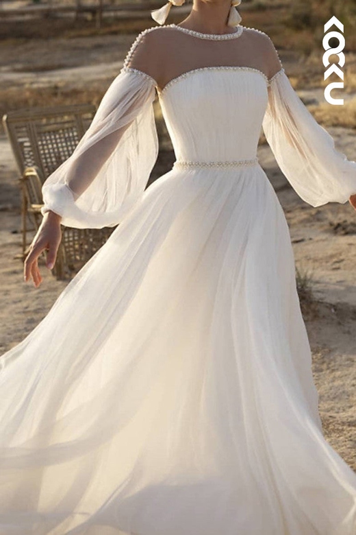 A-Line Round Tulle Beaded Long-Sleeved Bohmian Dress