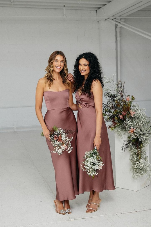 Simple Strapless Satin Sheath Long Bridesmaid Gown