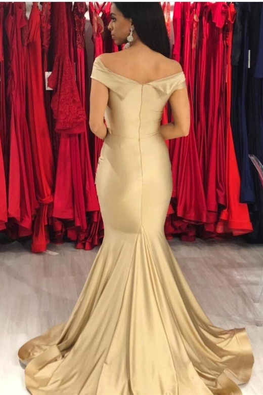 Elegant Chiffon Off-the-shoulder Dress, Gold Mermaid Evening Gown Long