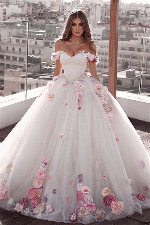 Off-the-Shoulder Ball Gown Wedding Dress With Flowers