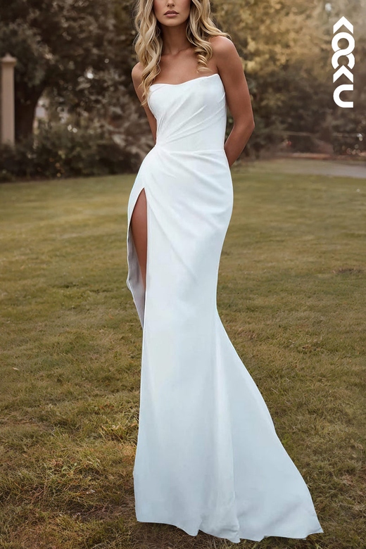 Simple Casual Scoop Sheath Sleeveless Side Slit Wedding Gown