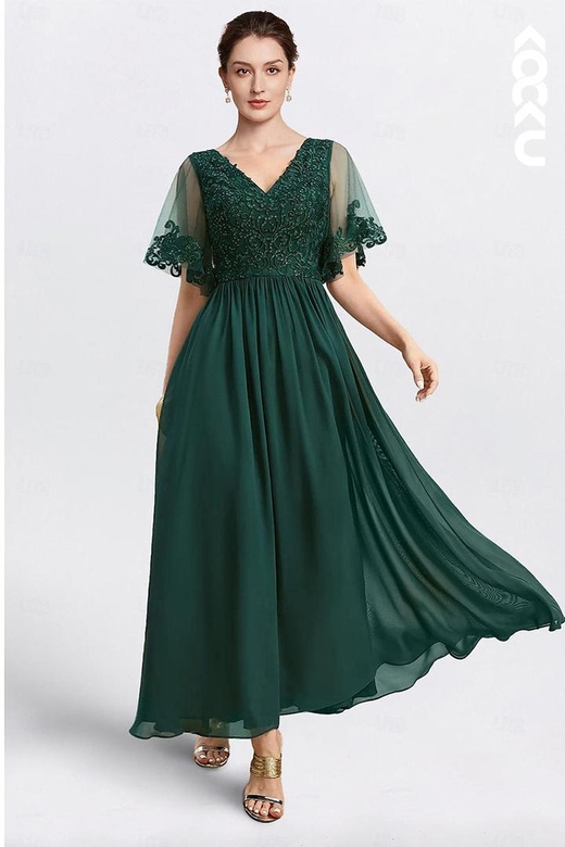 Classic & Timeless V-Neck Short Sleeves A-Line Embroidery Chiffon Mother of the Bride Dress