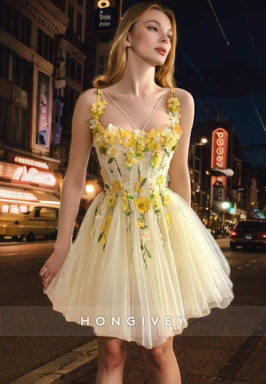 Sweet Tulle A-Line Square Spaghetti Floral Appliqued Short Homecoming