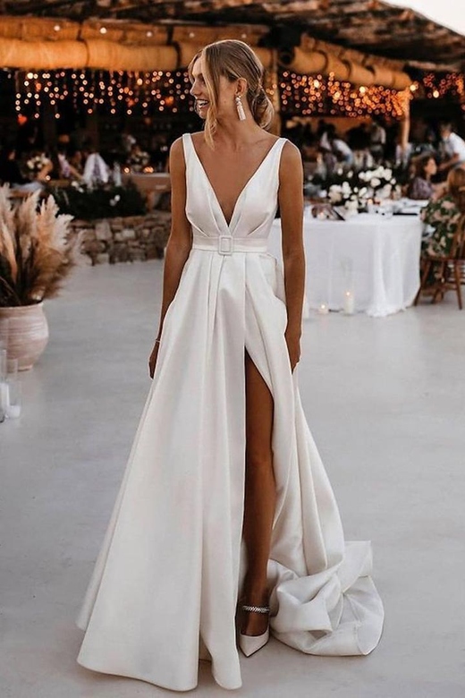 Simple Low V-Neck Ruched Satin A-Line Wedding Gown