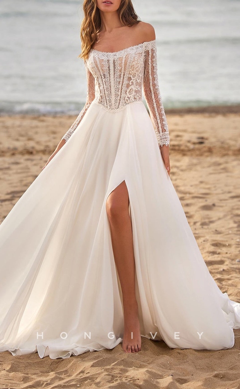 Sexy Tulle A-Line Dress, Off-Shoulder Long Sleeve, Illusion Empire, Side Slit, Boho Train