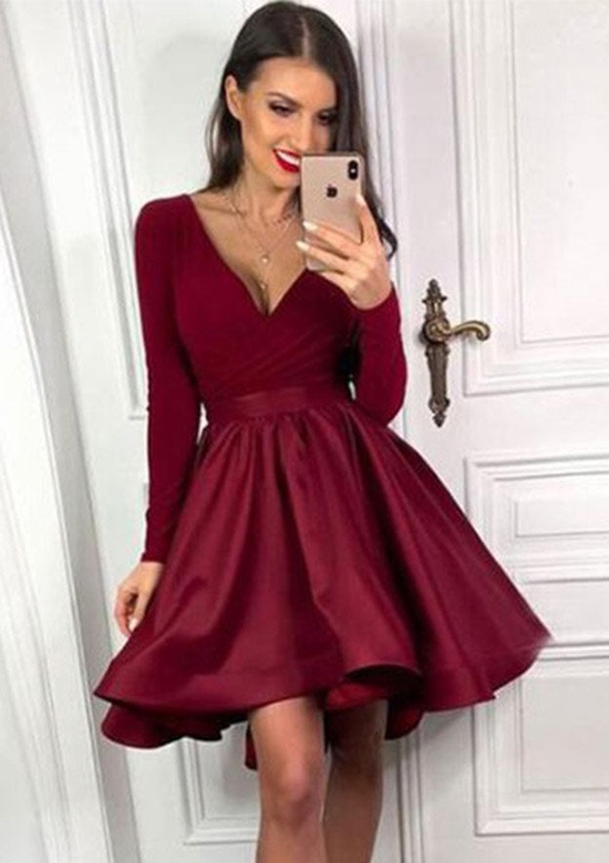 Attractive Pleated Skirt V-Neck Satin A-Line Homecoming Dress