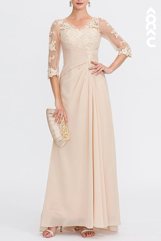 Couture & Ornate A-Line Long Sleeves Lace Applique V-Neck Mother of the Bride Gown