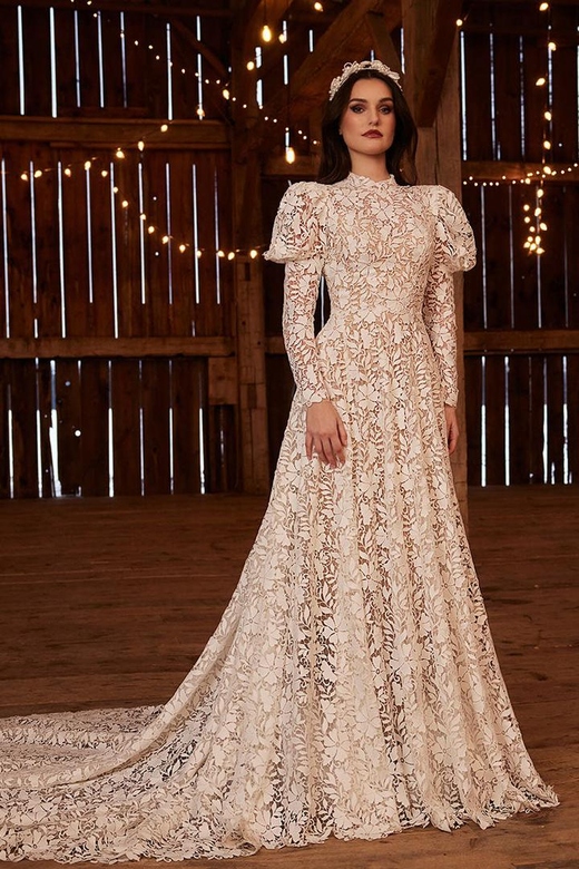 Boho High Neck Long Puff Sleeves Sheer Lace Wedding Gown