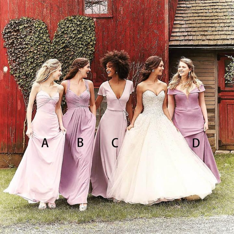 Simple Pink A-Line Mismatched Ruched Chiffon Satin Long Bridesmaid Gown