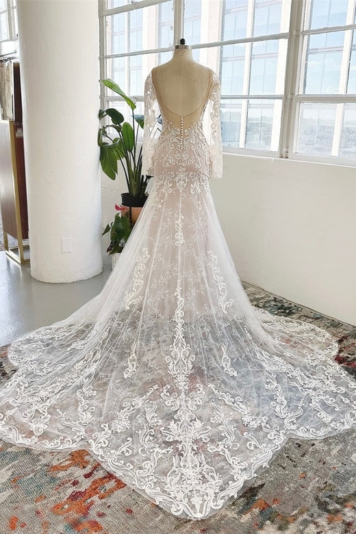 Long Sleeves Mermaid Tulle Wedding Dress with Lace Appliques