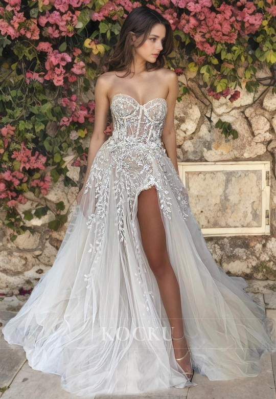 Gorgeous Off-Shoulder Appliques A-Line Split Wedding Dress