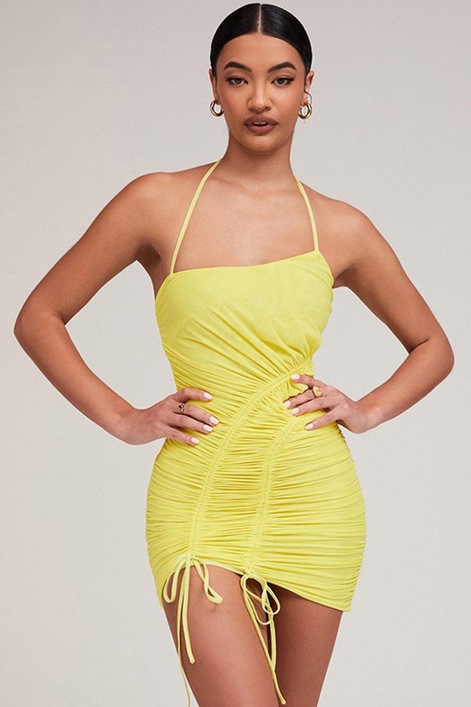 Yellow Asymmetric Drawstring Ruched Mesh Dress