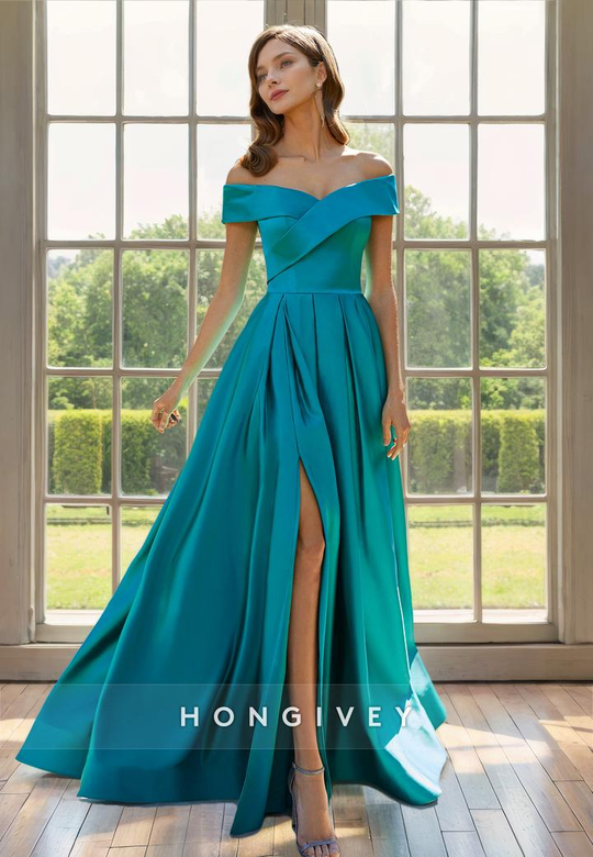 Elegant Satin A-Line Off-Shoulder Side Slit Mother of the Bride Gown