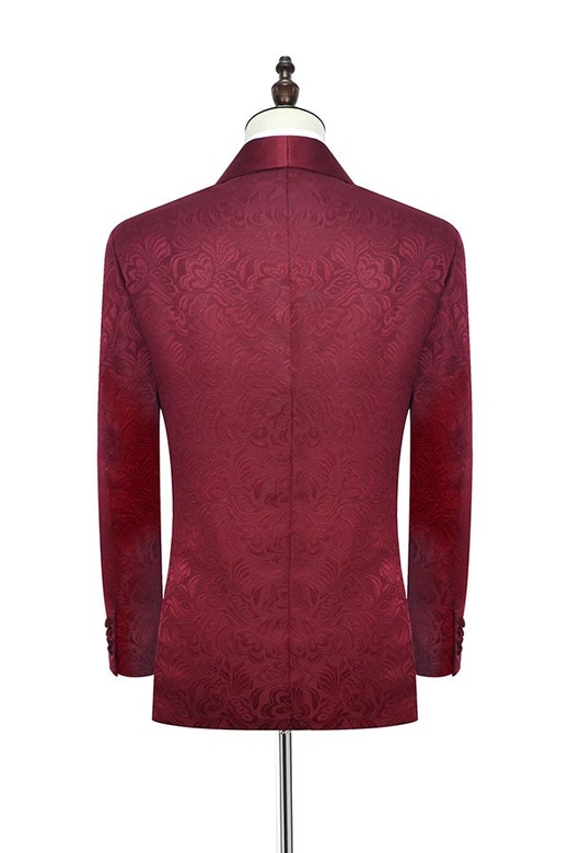 Burgundy Jacquard Suits, Silk Shawl Lapel for Wedding