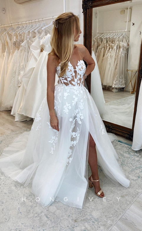 Sheer Floral Embroidered Wedding Dress with Strapless & Train/Slit