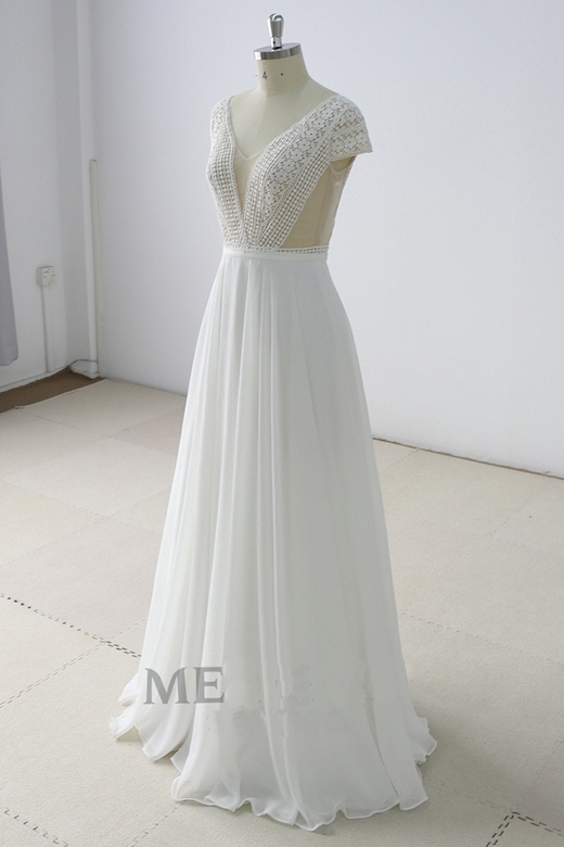 Gorgeous White Lace Backless V-Neck Gown with Appliques