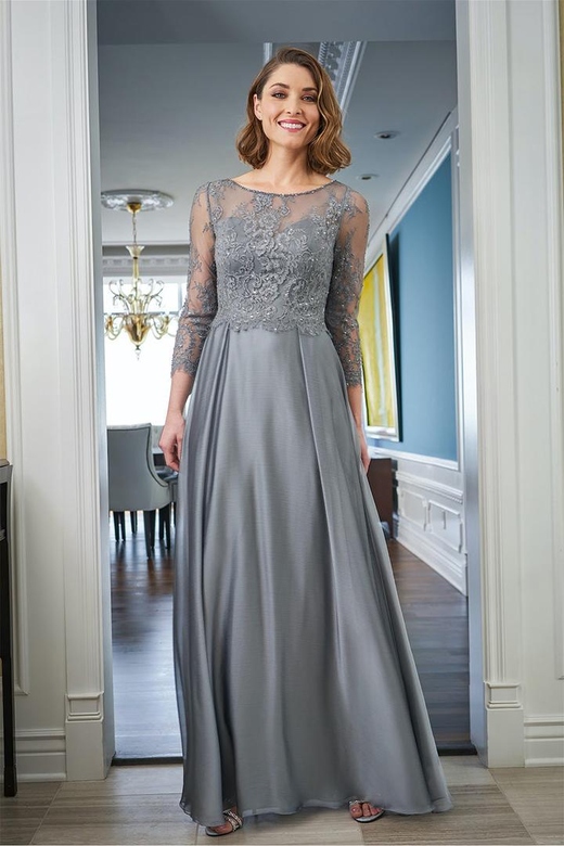 Scoop Long Sleeves Lace Chiffon A-Line Mother of the Bride Gown