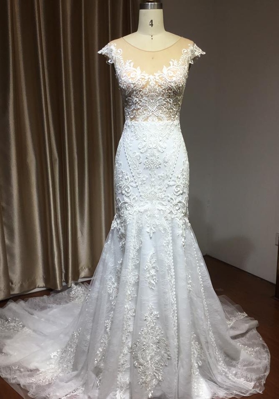 Cap Sleeves Lace Mermaid Wedding Dress, Long Length