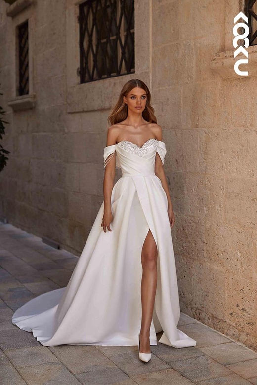 Elegant & Luxurious Off-Shoulder Cap Sleeves Side Slit A-line Dress