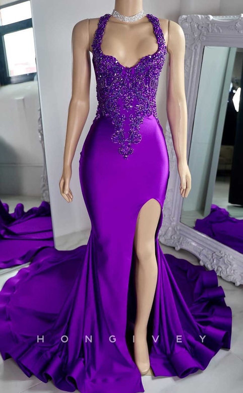 Asymmetrical Dress with Spaghetti Straps, Beaded Appliques, and Slit