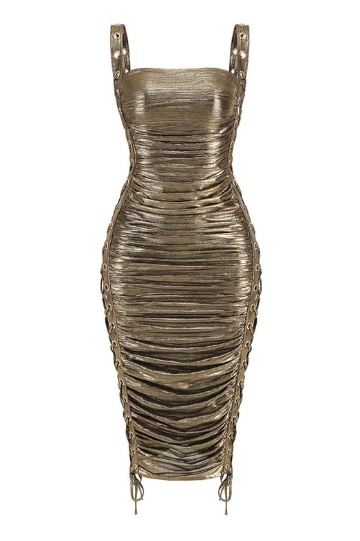 Sexy Lace Up Cutout Metallic Ruched Sleeveless Cocktail Midi Dress