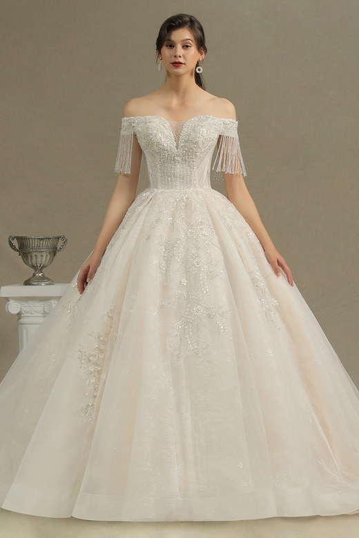 Off-the-Shoulder Tassels Ball Gown Wedding Dress with Beads