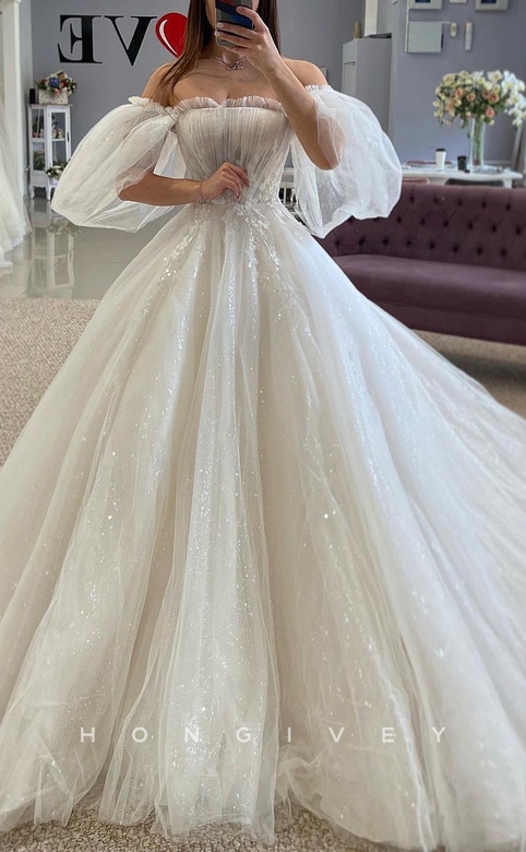 Glitter Tulle A-Line Off-Shoulder Appliques Sheer Wedding Gown with Train