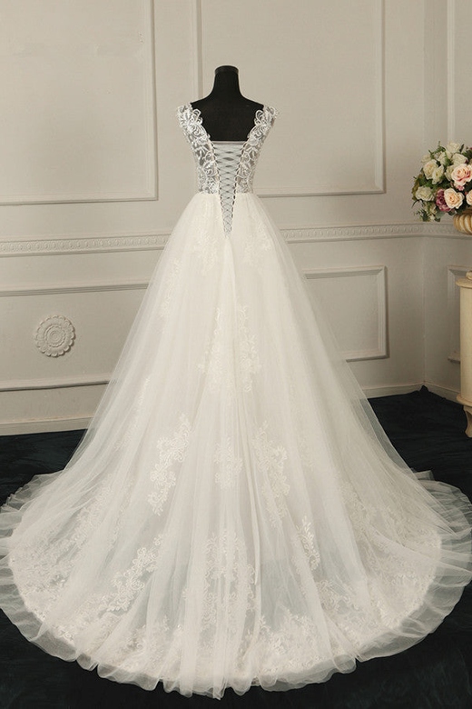 Sexy V-Neck Sleeveless Tulle Wedding Dress with See-Through Top and Appliques