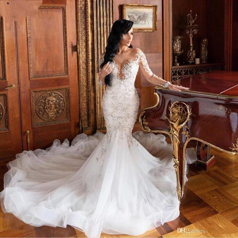 Mermaid V-neck Long Sleeve Tulle Beading Wedding Dress