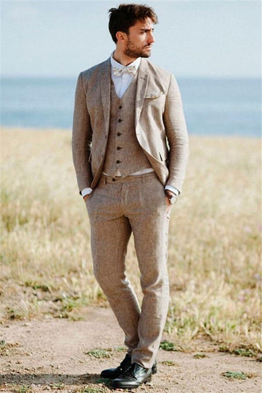 Khaki Linen Summer Beach Mens Suit, Well-cut Groom Wedding Tuxedo