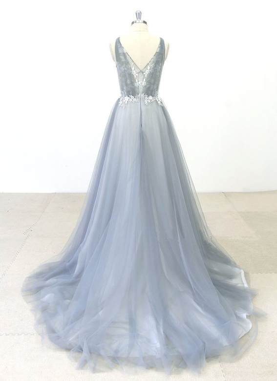 Elegant Gray Tulle Beach Wedding Gown with Jewel Sweep Train