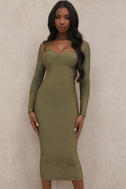 Green Long Sleeve Sweetheart Neck Midi Dress