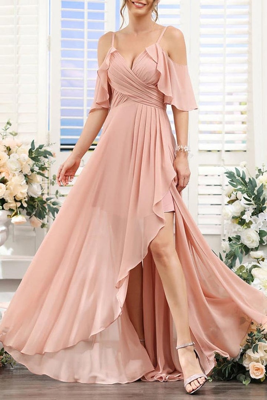 V-Neck Off-Shoulder Ruched Chiffon A-Line Bridesmaid Gown