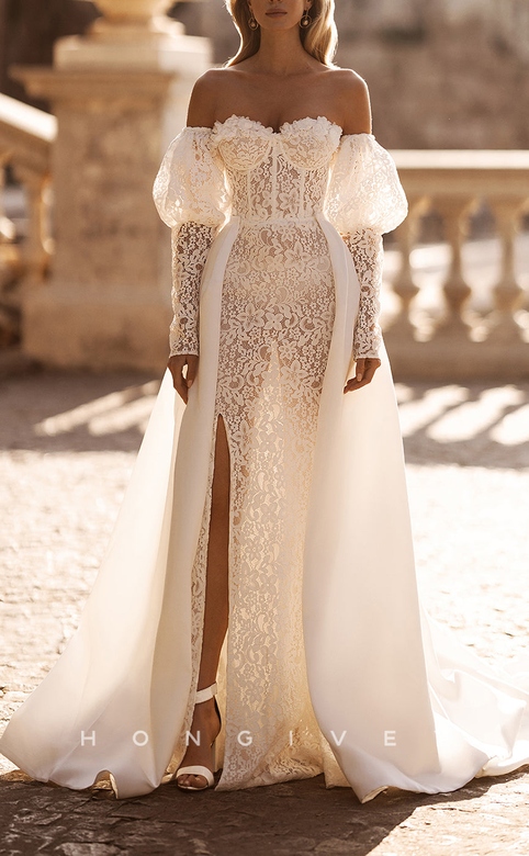 Sexy Lace Strapless Sweetheart Long Sleeve Illusion Wedding Gown