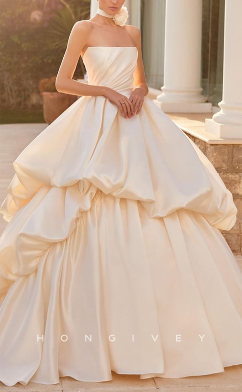 Sexy Satin A-Line Dress, Square Strapless Empire, Ruched Tiered Ball Gown