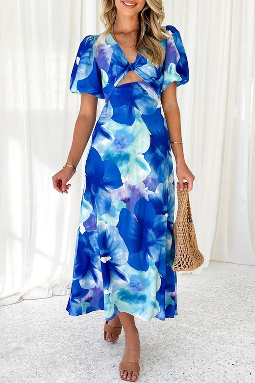 Sexy Vacation Gradual Change Print Hollowed Out V-Neck A-Line Dresses