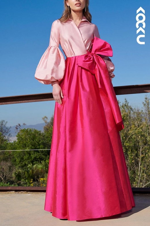 Couture Glamorous Long Sleeves A-Line Satin with Bowknot Belt