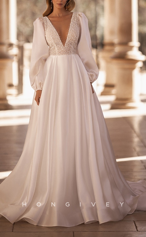 Sexy Long Sleeves Beaded Embellished Boho Wedding Gown